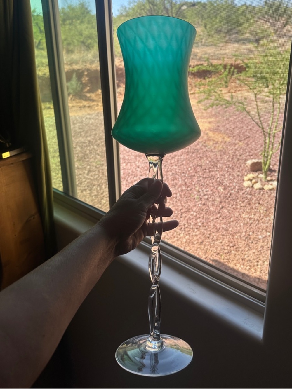 Vintage 1960s Empoli Italy blue teal Optic Glass Hurricane Vase 20” MCM